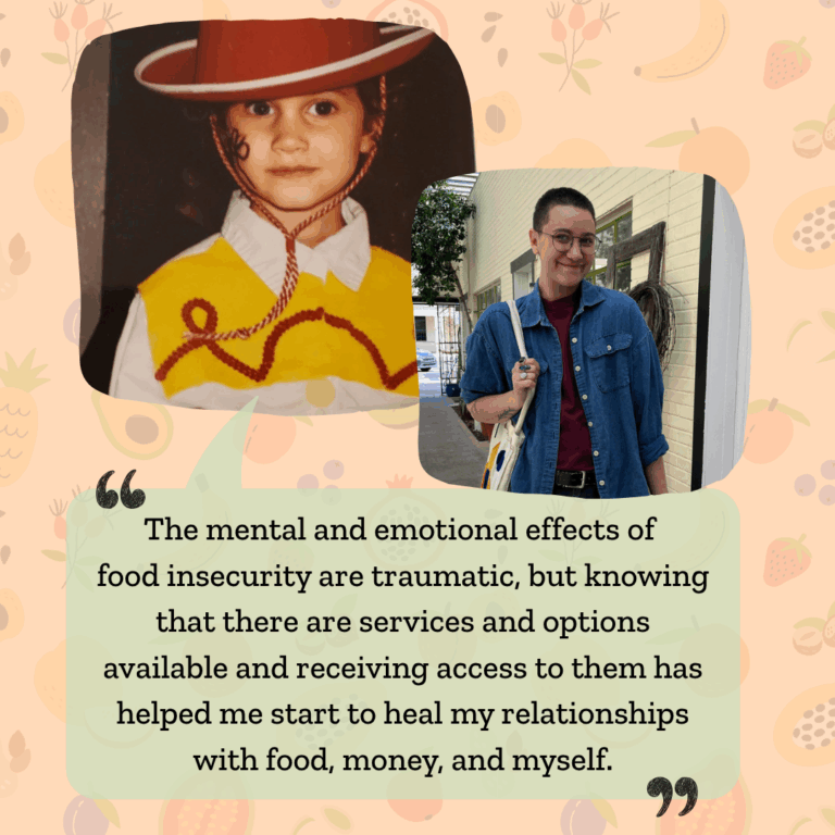 Two photos of Presley with a quote about how food insecurity trauma is healed with access to resources