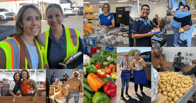 Photos of smiling people helping to feed their neighbors