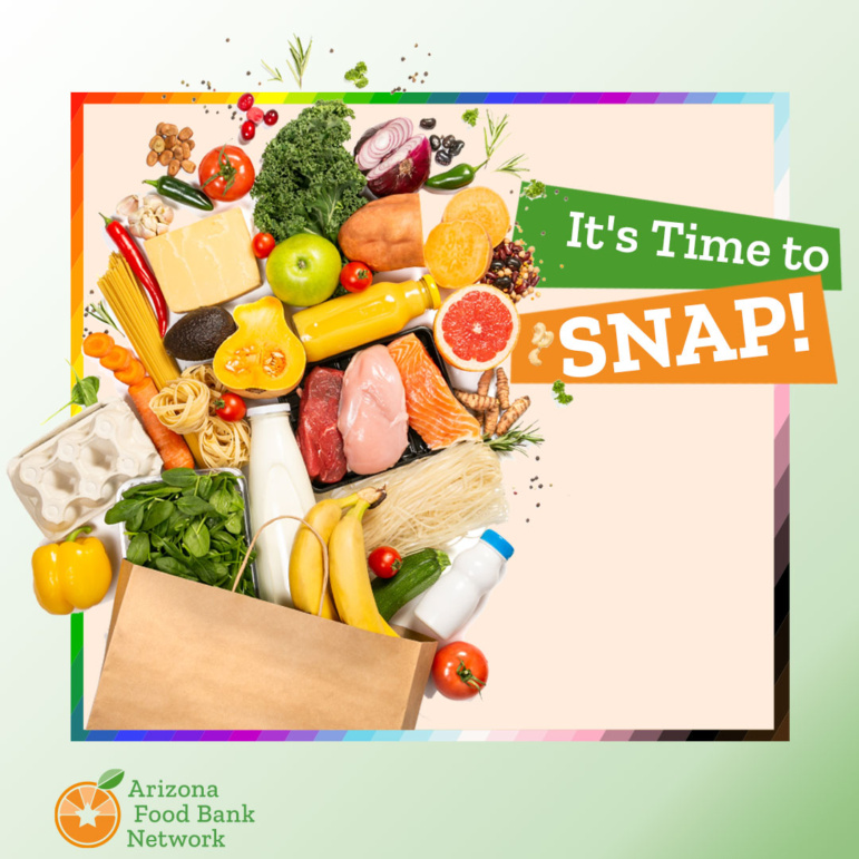 A grocery bag spills colorful contents next to enthusiastic lettering saying "it's time to SNAP!"